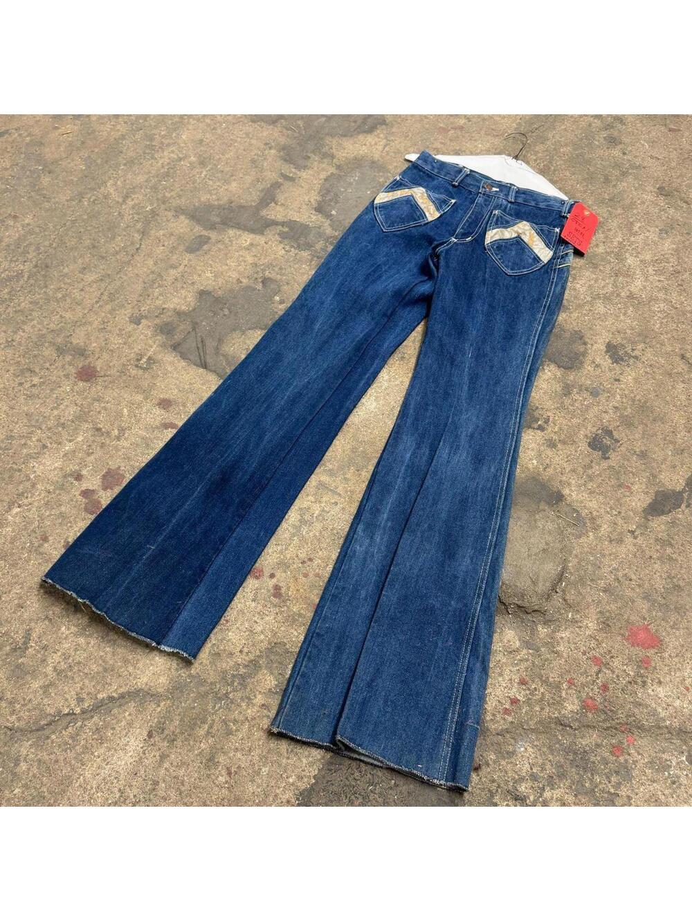 Vintage 70s Metallic Mixed-Panel Flare Jeans S - Picture 2 of 6